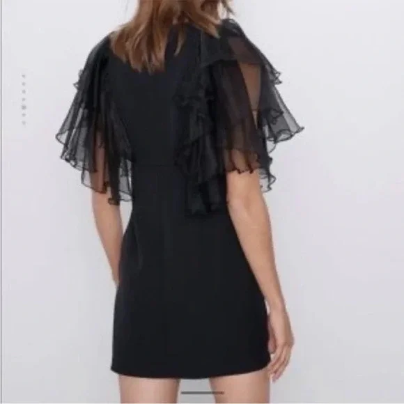 ZARA Black Mini Dress With Organza Sleeves size XS - Picture 9 of 11